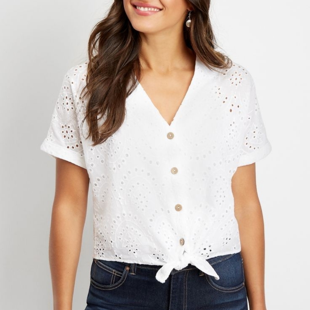 Maurices White Eyelet Tie Front Top XL Boho Button Front NWT